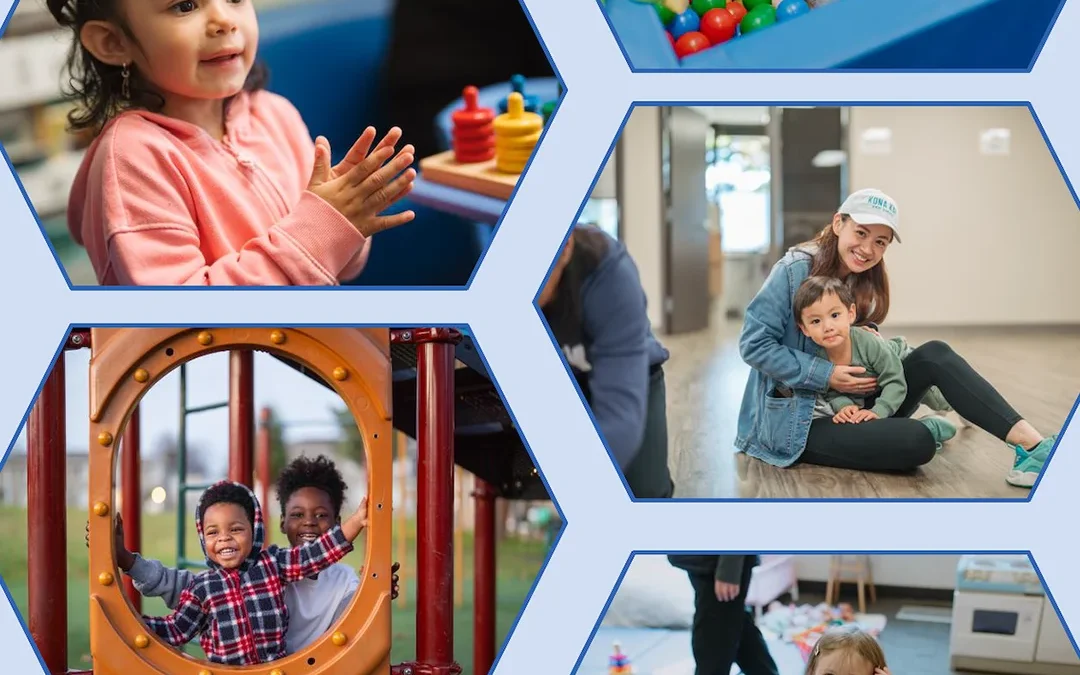 Collage of young children participating in early learning activities including play, classroom interaction, and playground time