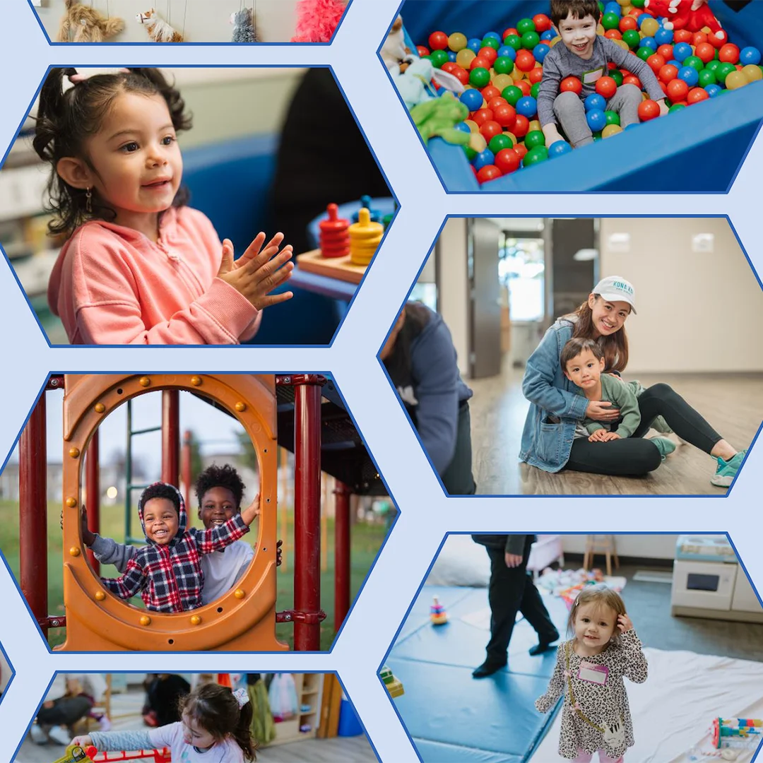 Collage of young children participating in early learning activities including play, classroom interaction, and playground time