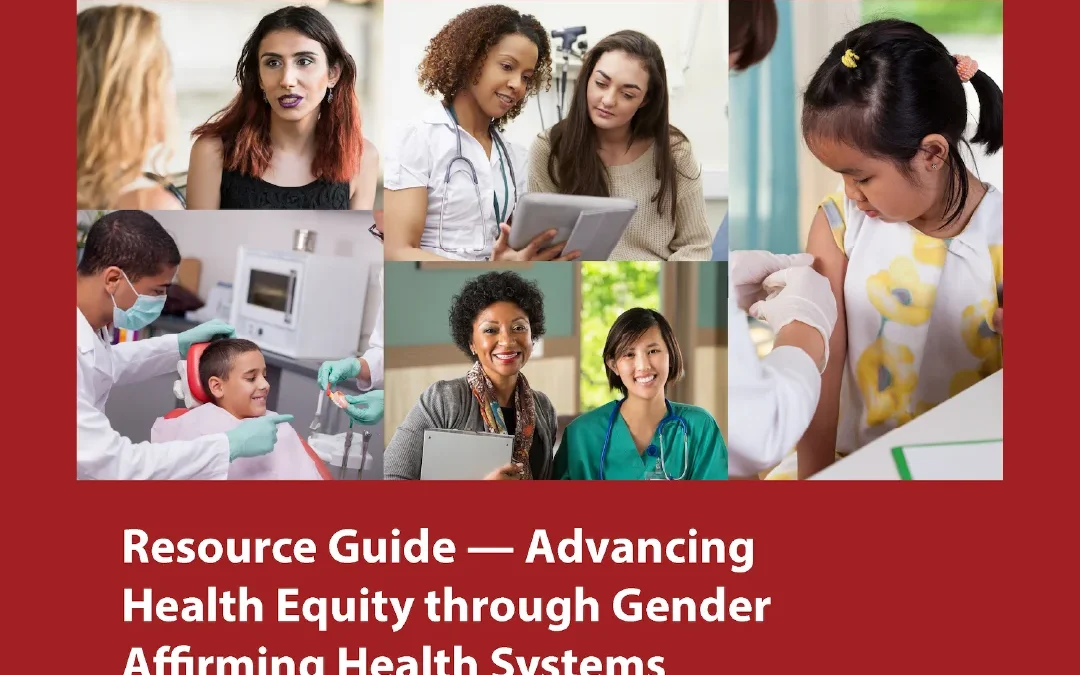 Cover of a healthcare resource guide showing diverse patients and providers in clinical settings focused on gender affirming care