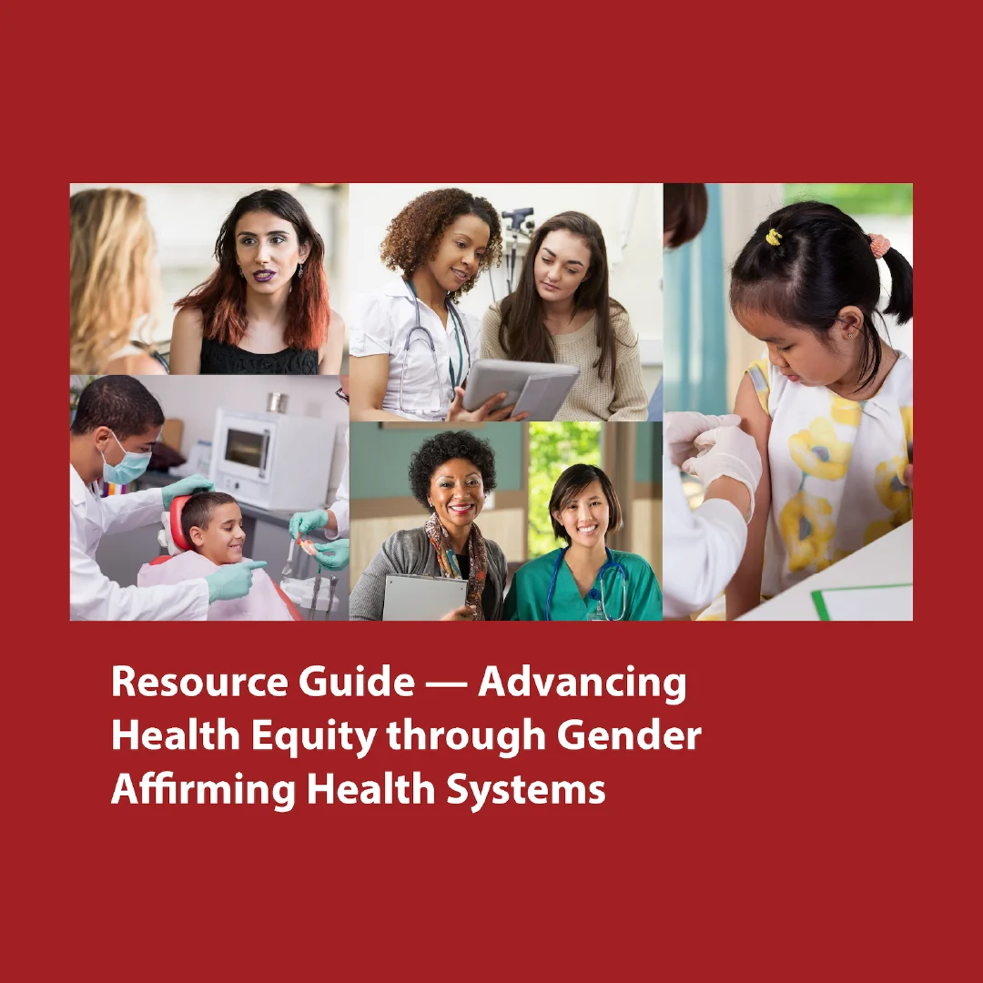 Cover of a healthcare resource guide showing diverse patients and providers in clinical settings focused on gender affirming care