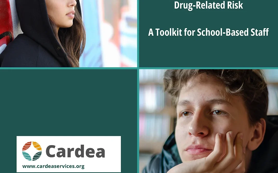 Cover of a school-based toolkit on supporting students navigating drug-related risk featuring youth imagery and Cardea branding