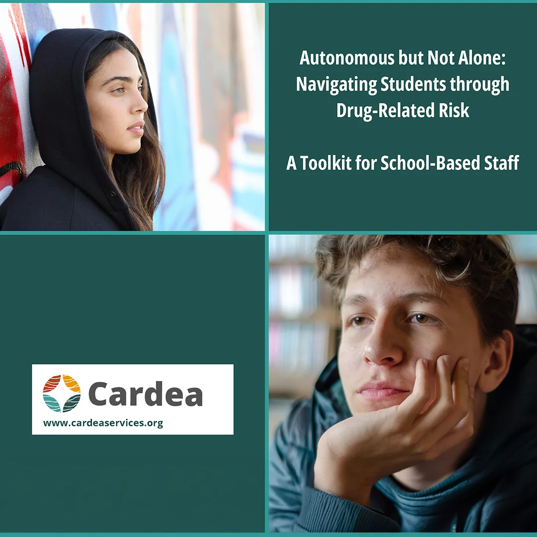 Cover of a school-based toolkit on supporting students navigating drug-related risk featuring youth imagery and Cardea branding