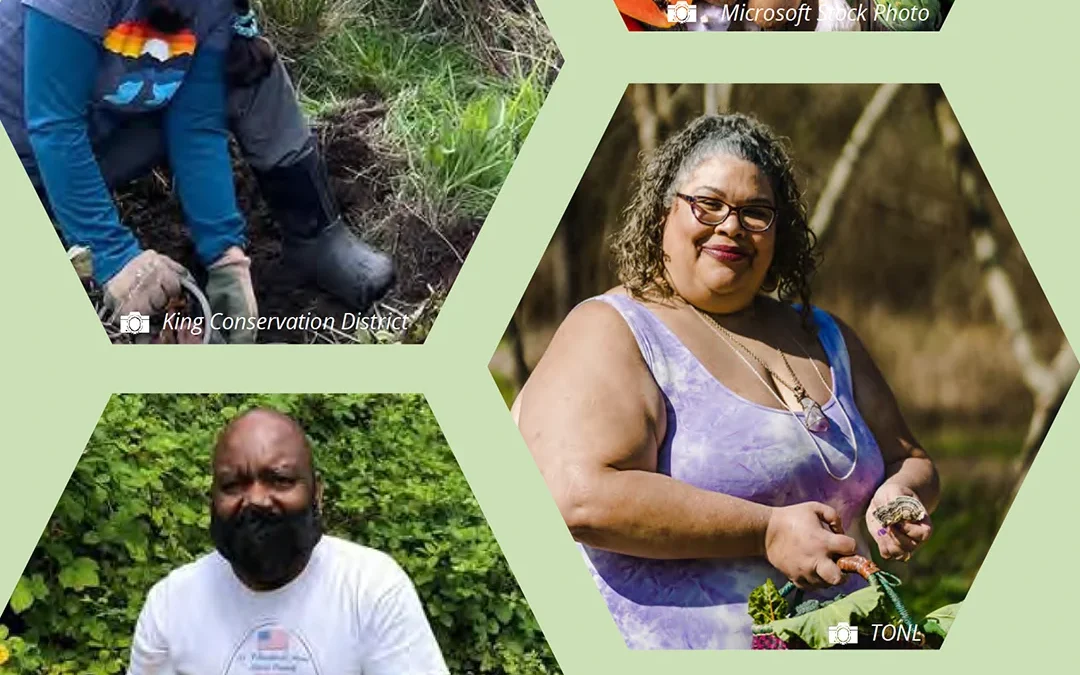 Collage of diverse individuals gardening and harvesting fresh produce in community food and outdoor settings
