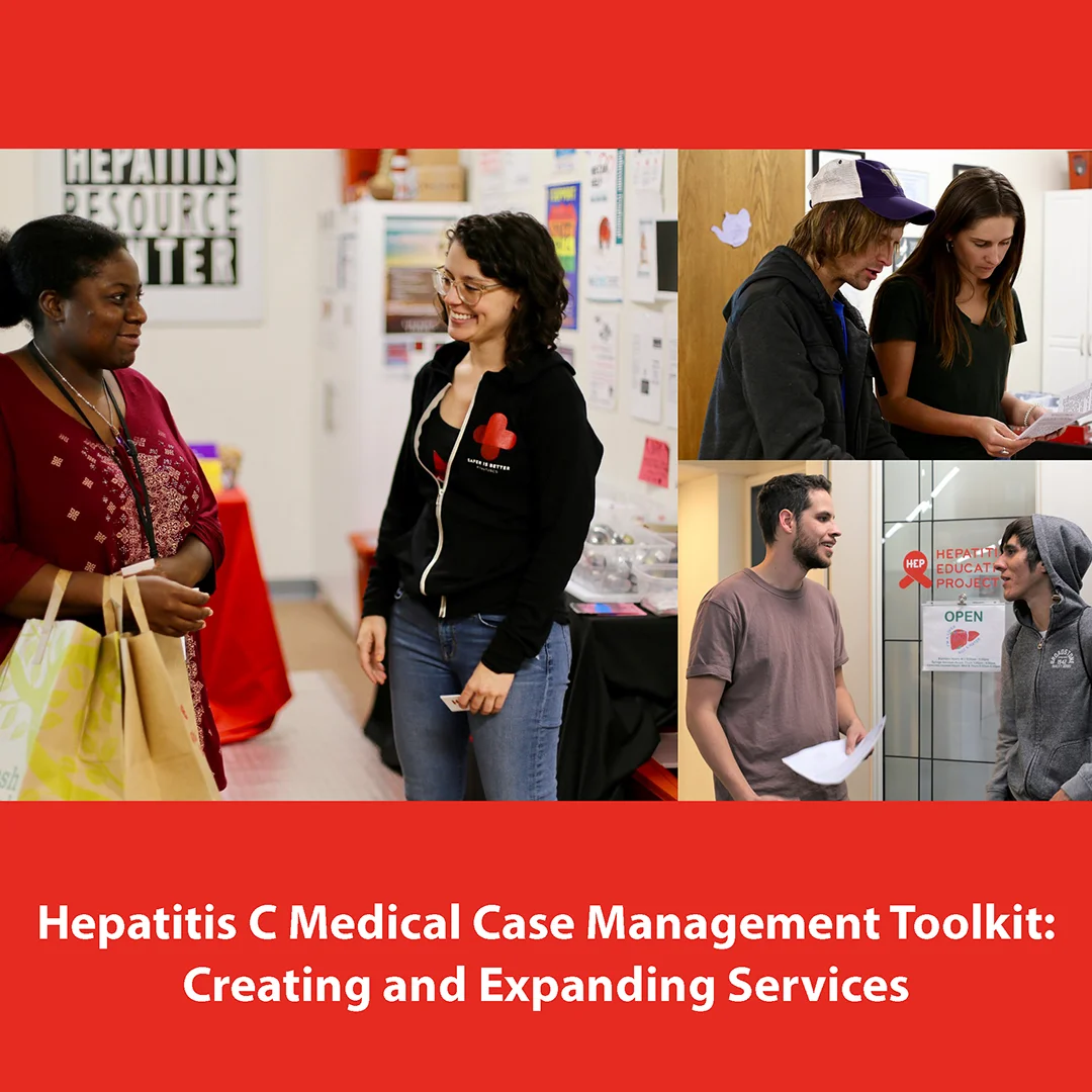 Cover of a hepatitis C medical case management toolkit showing healthcare staff interacting with patients in a clinic setting